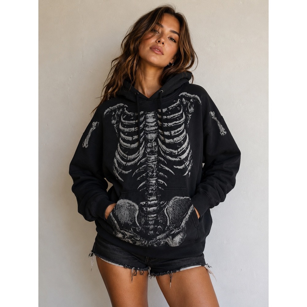 Dolls Kill Skeleton Graphic Hoodie Black Gothic Grunge Y2K Pullover Sweatshirt L
